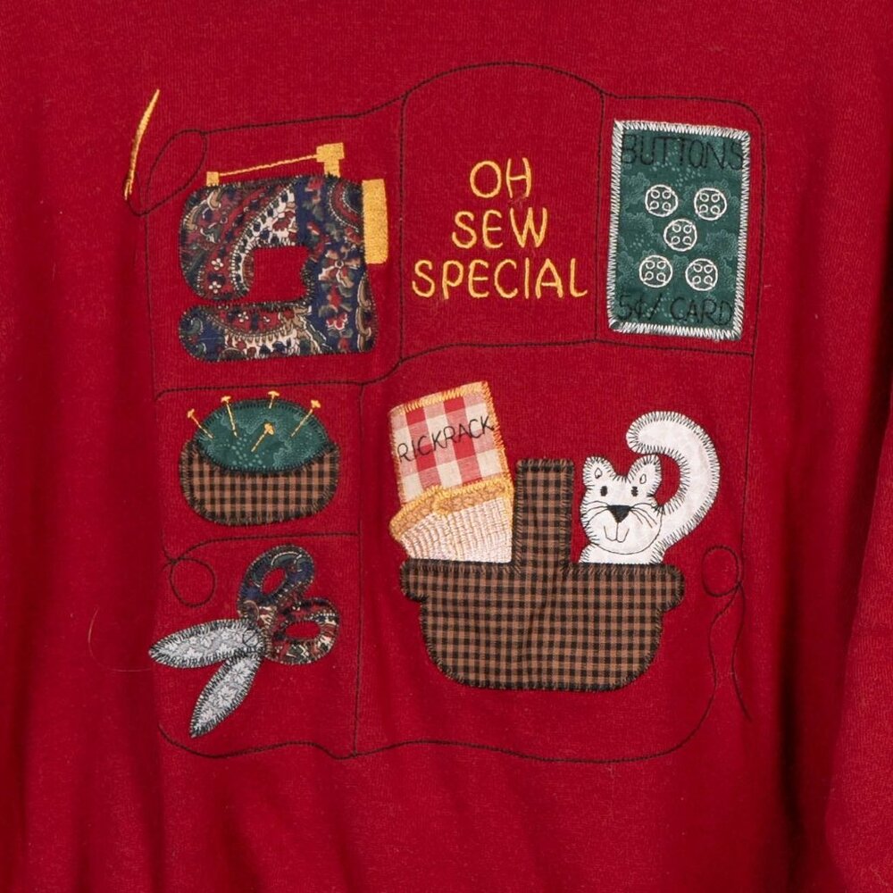 O Sew Special VTG Sweatshirt M Collar Sewing Machine Cat Buttons Embroidered - Picture 2 of 6